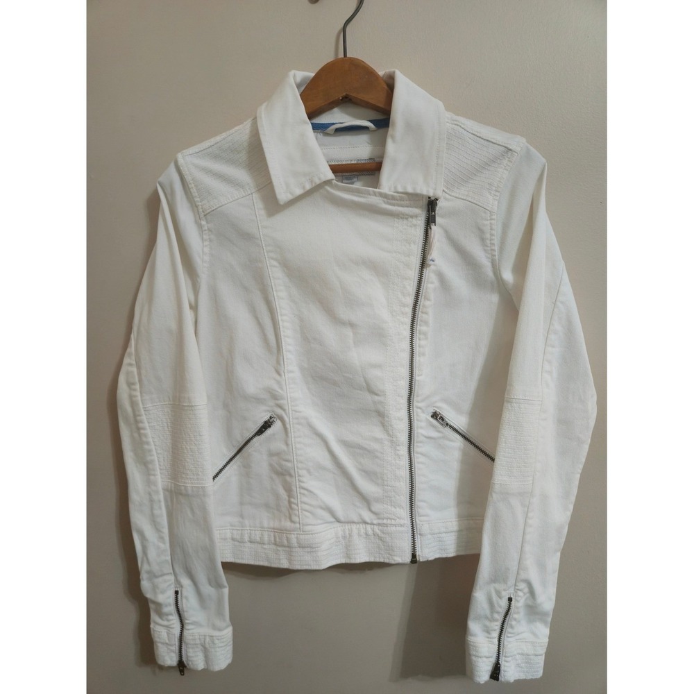 Boden White Denim Moto Jacket Women's 8 Asymmetrical Zip Quilted Biker WL482
